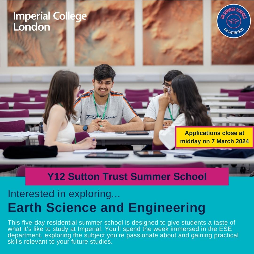 Are your students considering a degree in #geology, #geophysics or Earth and Planetary Science? If so, the ESE steam of our Year 12 Sutton Trust Summer School may be the perfect opportunity for them to explore this option first-hand. This is a free, five-day residential programme
