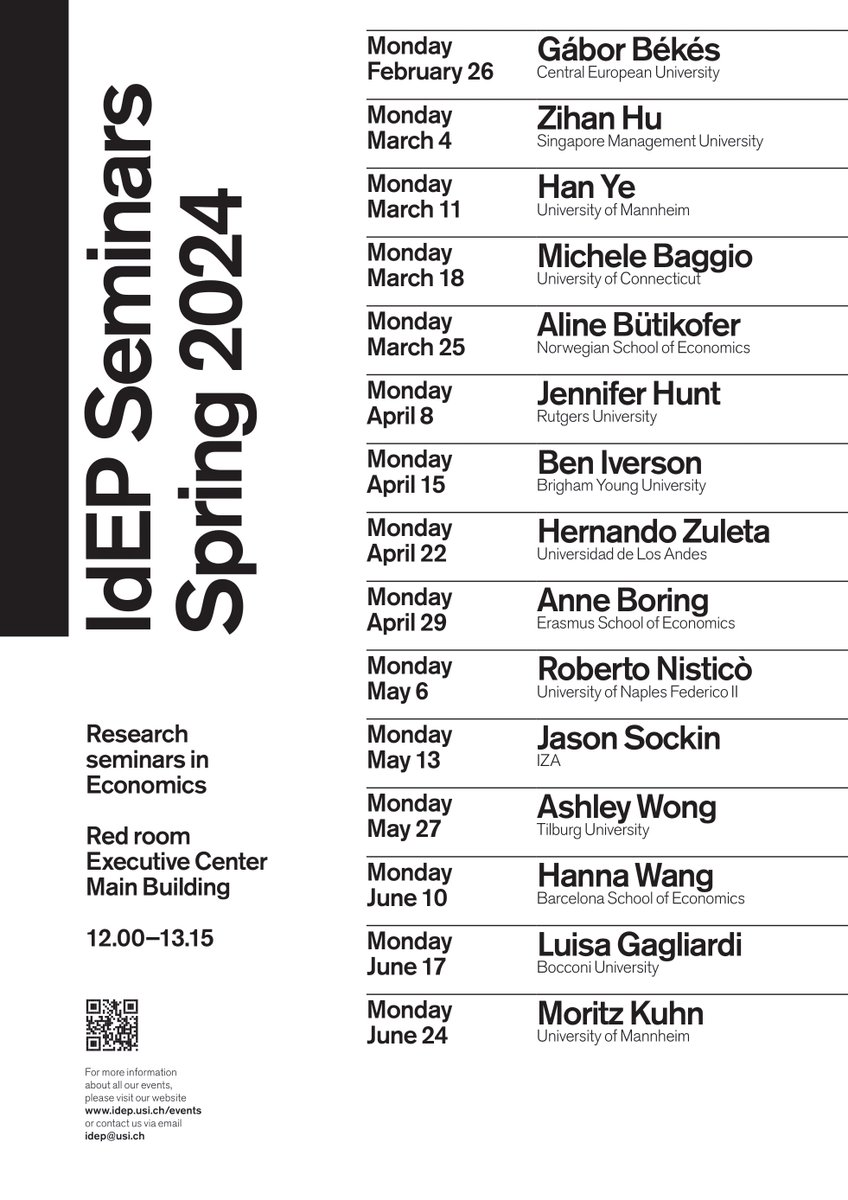 As the new semester begins, we are thrilled to announce our Spring 2024 Seminar Schedule! We look forward to welcome researchers from all over the world in beautiful #Lugano! Please contact us if you want to attend! #EconTwitter #EconX #USIEcon Link: shorturl.at/cmv02