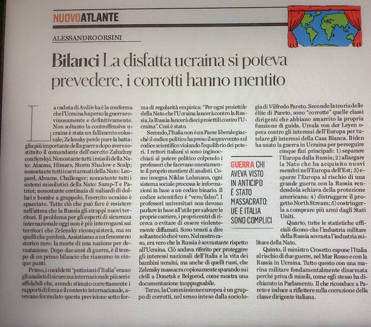 Assistiamo a un fenomeno storico raro: la morte di una nazione per devastazione.(#Ucraina)
A.#Orsini

#FattoQuotidiano #20febbraio2024