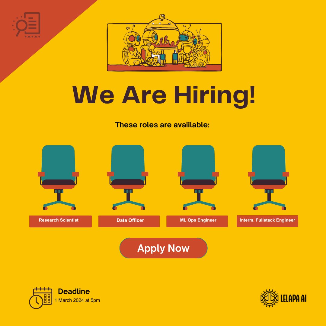 We're hiring for new positions, details and to apply check below.⬇️
 
- Lead Data Officer: bit.ly/DatOfficer
- Intermediate FullStack Engineer: bit.ly/FSEngin 
- MLops Engineer: bit.ly/MLopsEngin
- Research Scientist: bit.ly/RScient  

Good luck!🙂