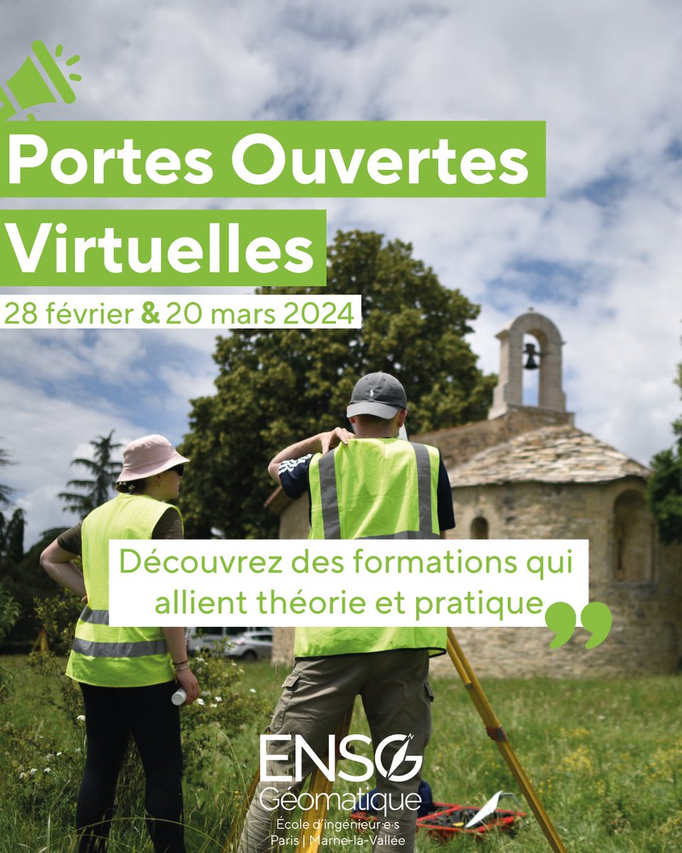 📣 Inscrivez-vous à nos portes portes ouvertes virtuelles !
L'occasion de découvrir notre stage terrain à Forcalquier🏞️

🎓28/02 : Lpro Géomètre-Géomaticien/ Lpro Géomatique et environnement 
🎓20/03 : Diplôme d'ingénieur en géomatique
Inscriptions : ensg.eu/fr/agenda/port…