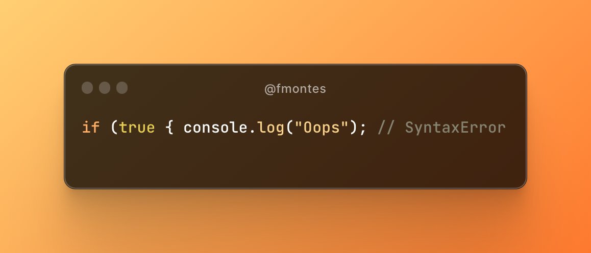 fmontes's tweet photo. ☠️ ¿Te sale un error y no sabes cómo arreglarlo?

Hoy te explico los tipos de errores de #javascript y como arreglarlos.

🚀 Let's go.

❤️ RT para ayudar a otros devs.

💥 TypeError: Ocurre cuando una operación involucra un tipo de dato incorrecto.

👉 Ejemplo: Llamar a algo que no es una función o acceder a una propiedad de `undefined`.

🔍 ReferenceError: Este aparece cuando intentamos usar algo que no existe en el ámbito actual.

👉 Como referenciar una variable no declarada.

⚠️ SyntaxError: Es el error de "dedo resbaloso". Básicamente, escribiste algo que JavaScript no entiende.

👉 Por ejemplo, un paréntesis que no cierra.

📏 RangeError: Un error de "demasiado grande" o "demasiado pequeño".

👉 Por ejemplo, un número negativo donde solo se esperan positivos.