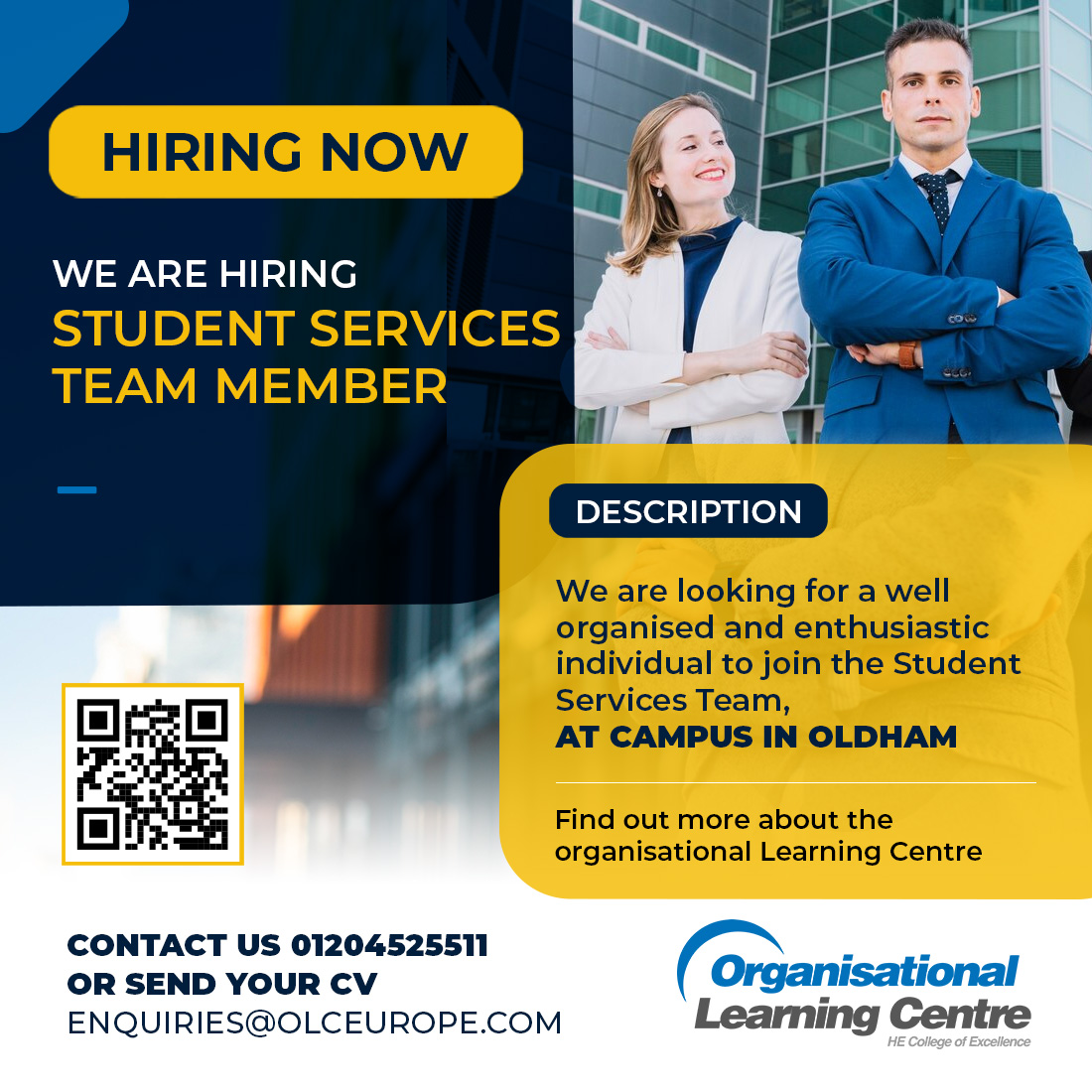 We are looking for a Student Services Team member to join our Campus in Oldham. If you are interested, please send in your CV to enquiries@olceurope.com If you require any further information, then contact us now on 0120452551.

 #jobopportunity #programmemanager #ApplyNow
