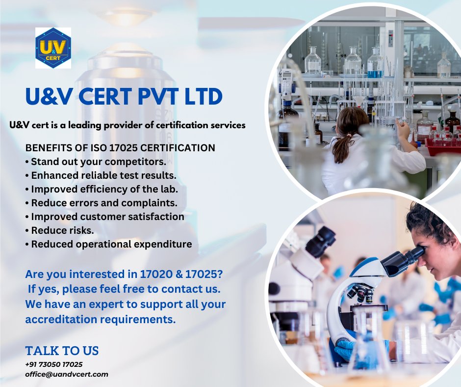 UANDVCERTPVTLTD's tweet photo. "ISO 17025 accreditation enhances the credibility of our laboratory and builds trust with our clients, stakeholders, and regulatory bodies."
-
#UandVCertPvtLtd #CertificationServices #QualityAssurance #ISOStandards #Accreditation #Compliance #AuditingServices #CertificationBody https://t.co/W44WlFCNQl