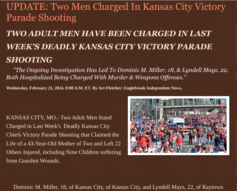 ArtFletcher9's tweet image. Wednesday, February 21, 2024
#UPDATE: 2 Men #Charged In #KansasCityMo #VictoryParade #Shooting 2 #ADULT MEN HAVE BEEN #CHARGED IN LAST WEEK'S #DEADLY @KANSASCITY #VICTORY #PARADESHOOTING #Murder @KansasCityMo @KansasCityChiefs @wireless_step @HRG_Media @LodiNJNews @Breaking911