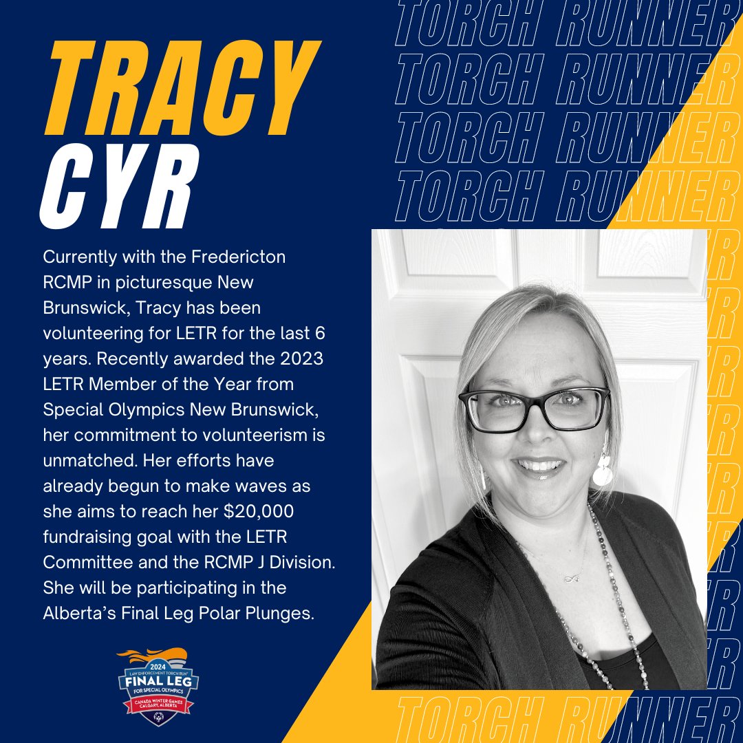 Meet the incredible Tracy Cyr, proudly representing the Fredericton RCMP on the Final Leg Team! She is a the 2023 recipient of the prestigious 'LETR Member of the Year' award from Special Olympics New Brunswick. Tracy has been a involved LETR community for 6 remarkable years. 🌟