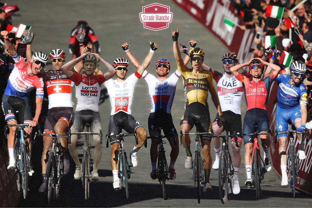 AtlantaRouleur's tweet photo. 👑 The Kings of the White Roads 🇮🇹

#StradeBianche #MVDP #Cancellara #Tiesj #Kwiato #Stybar #Wout #Pogi #Pidcock #LouLou https://t.co/xC2HKleXOV