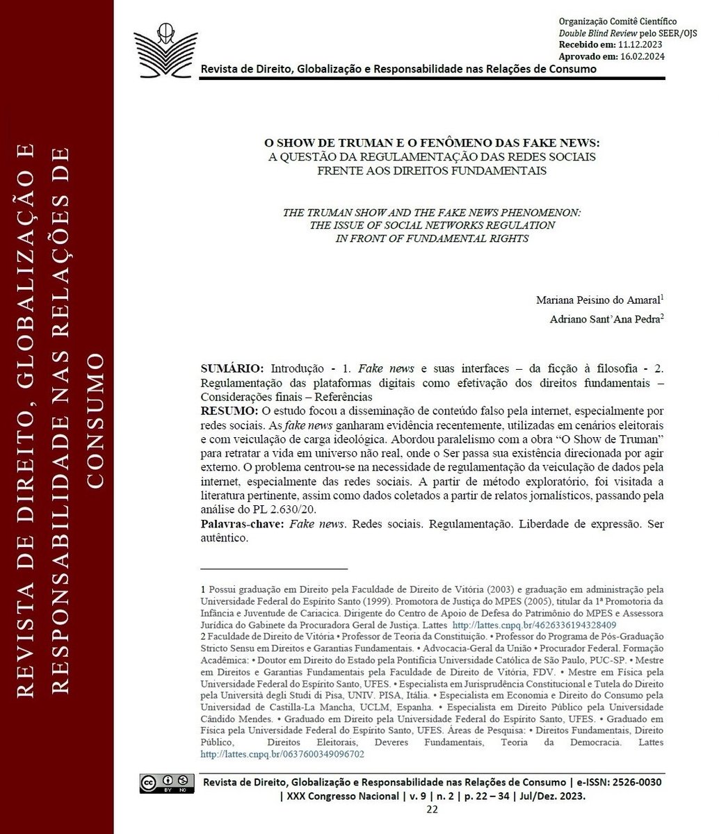A "Revista de Direito, Globalização e Responsabilidade nas Relações de Consumo" acaba de publicar este artigo em que eu e Mariana Peisino analisamos aspectos jurídicos que envolvem a disseminação de conteúdos falsos na internet.

Artigo disponível em: indexlaw.org