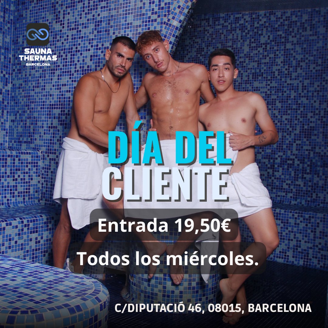 ¡Miércoles de tarifa especial!
 Ven y disfruta de Sauna Thermas por solo 19,50€. ¡Te esperamos hoy!
#DíaDelCliente 💙🌟
.
.
.

#saunathermas #saunatime #diversiónasegurada
#saunasgaybarcelona #saunalovers #saunaspases
#grupopases