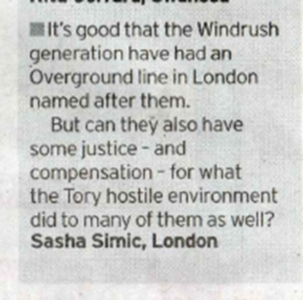 HackneySwp's tweet photo. @colinmcfarlane @CharlieBCuff @ukhomeoffice #windrushline is nice but justice for the #Windrush generation would be better - from Monday's @DailyMirror https://t.co/zxSdEIV3Za