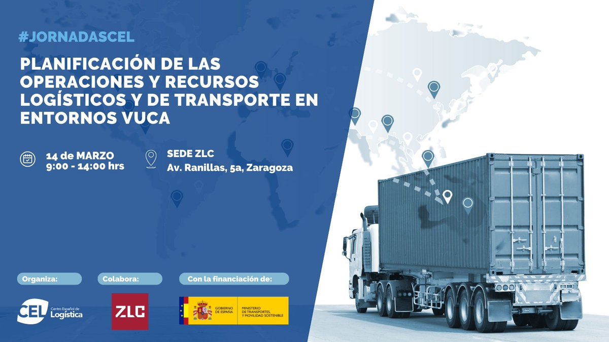 ZLCsupplychain's tweet image. 📌El próximo 14 de marzo, @ZLCsupplychain y @CELlogistica vuelven a colaborar para celebrar una #jornadaCEL sobre planificación logística en entornos #VUCA. ¡Regístrate ahora! 
👉 zlc.edu.es/es/eventos/jor…
#logística #transporte #supplychain #Zaragoza #Logistics #Planificacion
