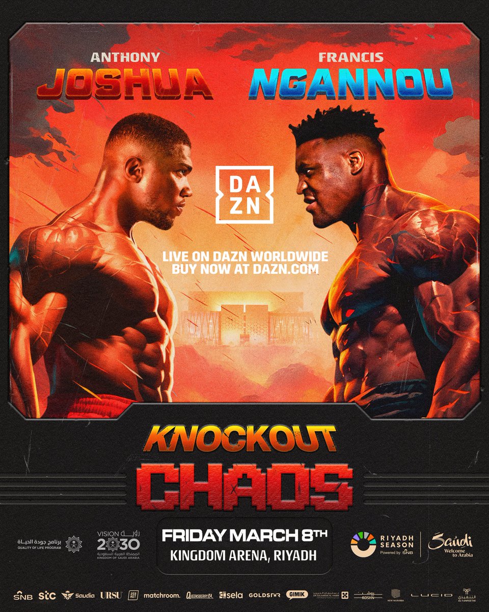 A 𝙨𝙝𝙤𝙬𝙙𝙤𝙬𝙣 for the ages 🍿 @anthonyjoshua vs. @francis_ngannou is live worldwide on DAZN on 𝗙𝗥𝗜𝗗𝗔𝗬, March 8. Buy NOW at DAZN.com. #JoshuaNgannou | #RiyadhSeason