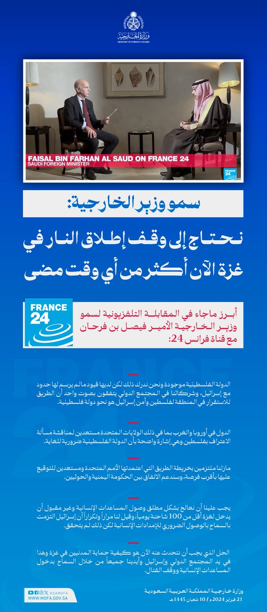 KSAMOFA's tweet photo. سمو وزير الخارجية الأمير  #فيصل_بن_فرحان @FaisalbinFarhan : نحتاج إلى وقف إطلاق النار في غزة الآن أكثر من أي وقت مضى https://t.co/8unoFwhvFB