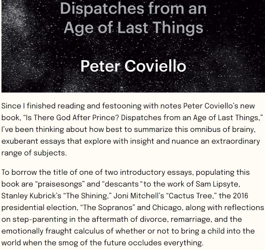 For @newcity, @ChristineSneed reviewed Ep224 guest @pcoviell Is There God After Prince. Key quote: '[Is There God After Prince is an] omnibus of brainy, exuberant essays that explore with insight and nuance an extraordinary range of subjects.' Listen: podcasts.apple.com/us/podcast/epi…