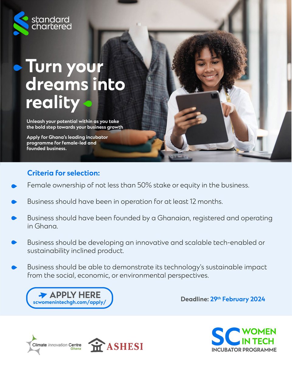 UKGCC_ACCRA's tweet photo. The SC Women in Tech Incubator is here to help you reach your full potential.
Tap https://t.co/bMyD32o1Ae to apply now and receive top-notch incubation services and mentorship support. Deadline: 29th Feb, 2024.
#StanChartGhana #SCWIT https://t.co/6YcV46n5tS