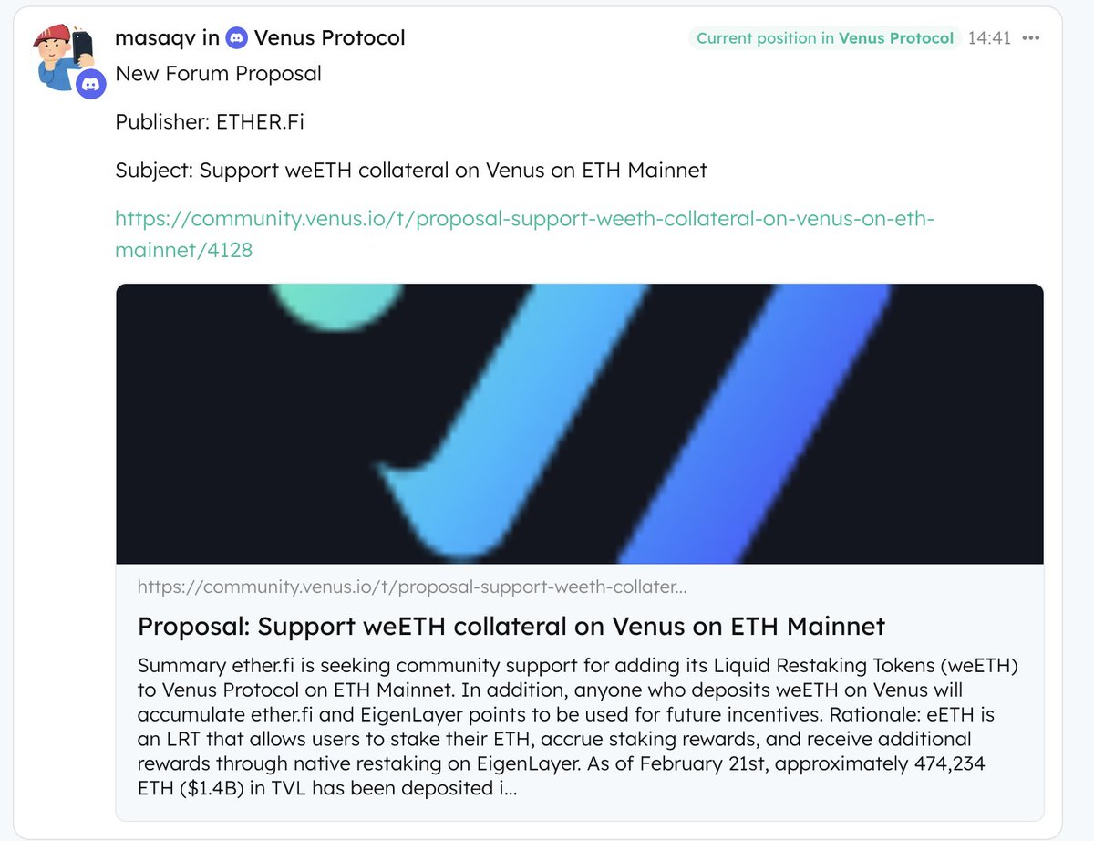 Ether fi <a href="/ether_fi/">ether.fi</a> BD is active and channeling the resources for the leverage expansion (best way to bootstrap ETH exposure seekers in the short term) here with the listing on <a href="/VenusProtocol/">Venus Protocol</a> 
More: app.mainview.io/feed/post/1209…