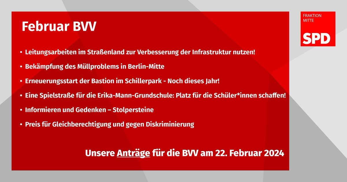 spdfrakmitte's tweet photo. Morgen ab 17:30 Uhr wieder #bvvmitte - wie immer auch im Livestream
📺 https://t.co/jyCL1dYJ0w
Wir haben mehrere Anträge und Anfragen vorbereitet.✍️⁉️
#Berlinmitte #Antidiskriminierung #ErikaMannSchule #Schillerpark #Stolpersteine #Turmstraße #Zweckentfremdung #Monbijou https://t.co/2FX5uuX1t0
