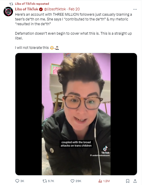 Chaya Raichik is literally a public official who was given a role in the Oklahoma public education system as part of a plan to "make schools safer."

Now a trans kid is dead and she wants to sue those who blame her for libel.

Good luck with that.
