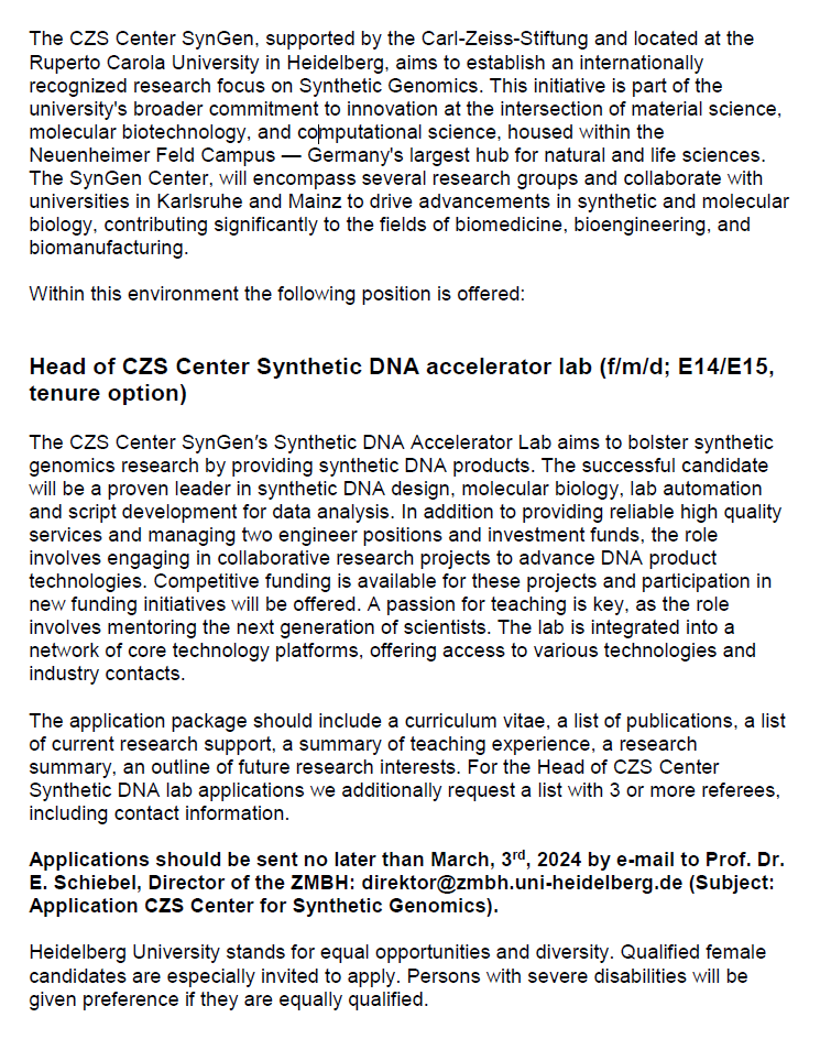 Sharing this with biofoundries around the world <a href="/DNAFoundry/">London Biofoundry</a> <a href="/EdinGenFoundry/">Edinburgh Genome Foundry</a>: We are recruiting the head of the Carl Zeiss Synthetic DNA accelerator lab!  With tenure option. Deadline: March, 3rd. #synbio #biofoundry #DNA
