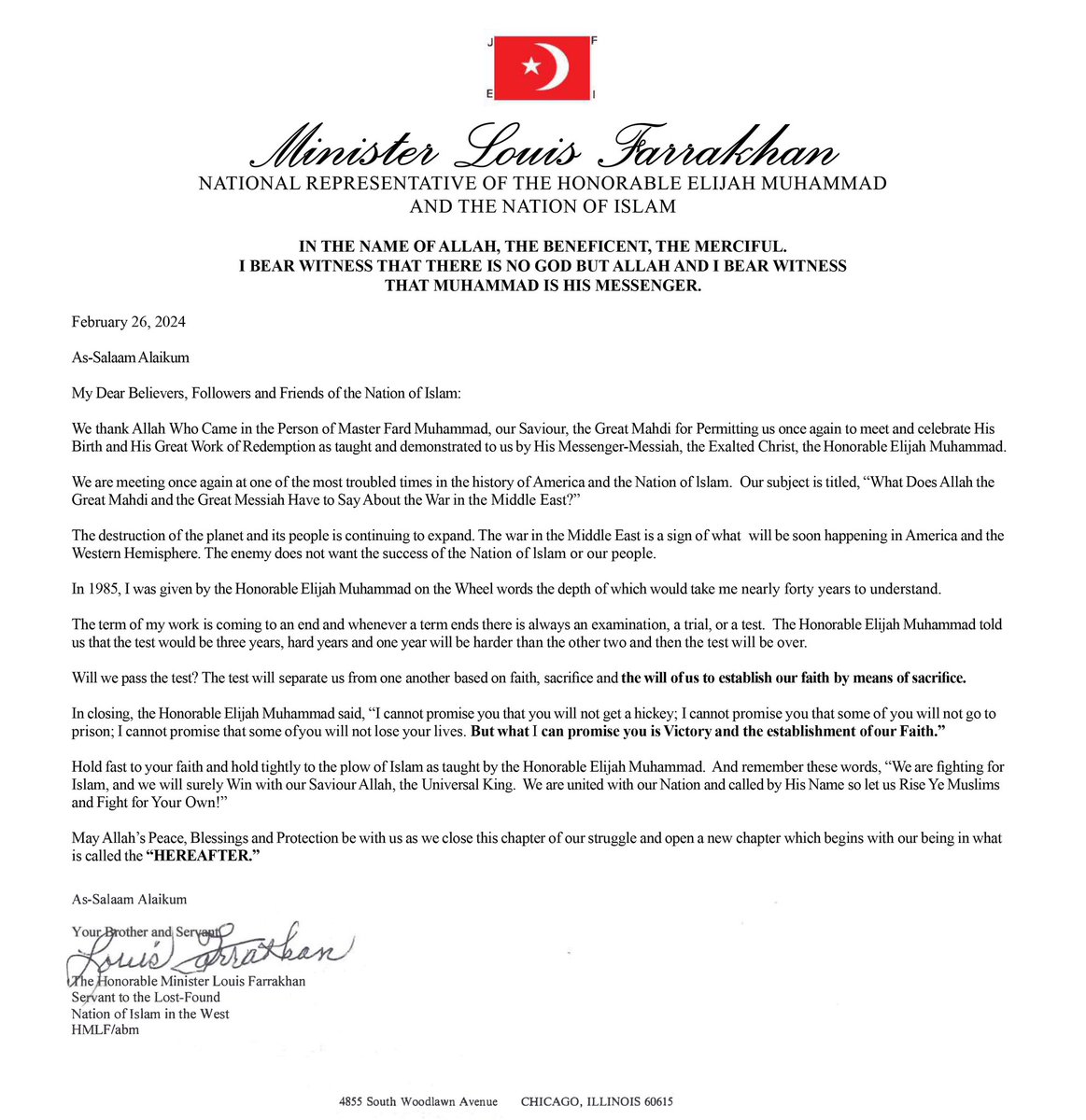 OfficialNOI's tweet image. The official Saviours’ Day 2024 Letter From The Honorable Minister @LouisFarrakhan