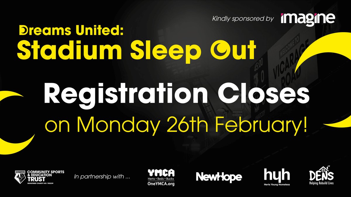WFCTrust's tweet photo. 🚨 Don't miss out on the #StadiumSleepOut! Sign up to secure your spot. 

Time is ticking – register now before midnight on Monday 26th February ! ⏰🌟 #DreamsUnited

Join us for a night of solidarity, awareness, and making a real impact: https://t.co/KPovj8oh32

#watfordfc https://t.co/7GMekzNRax