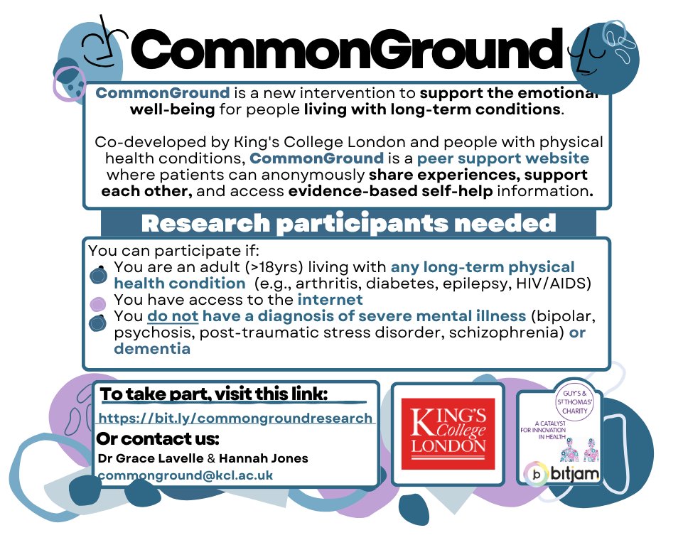 Online peer support in long-term conditions: research now looking for participants 📝

Evaluation of a new online peer support platform, CommonGround, developed with people living with long-term physical health conditions.

Interested? Please click here: bit.ly/commongroundre…