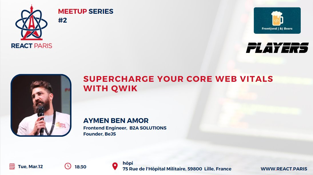 The next 🇫🇷 #meetup will happen in #Lille, hosted by our dear @FrontendBeers #community & sponsored by our friends Join-Players.Com 🙏🏼 No need to introduce our #speaker😜 @Aymen_Ben_Amor, let you learn more about him, his talks & also RSVP👉🏼 meetup.com/bejs-belgian-j…