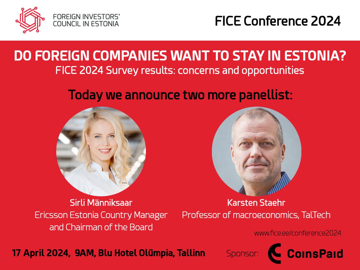 We are happy to announce the next two panellists for the Foreign Investors'​ Council in Estonia Conference:

▶️ Sirli Männiksaar, Ericsson Estonia Country Manager and Chairman of the Board.

▶️ Karsten Staehr,  Professor of Macroeconomics at the Department of Economics at TalTech