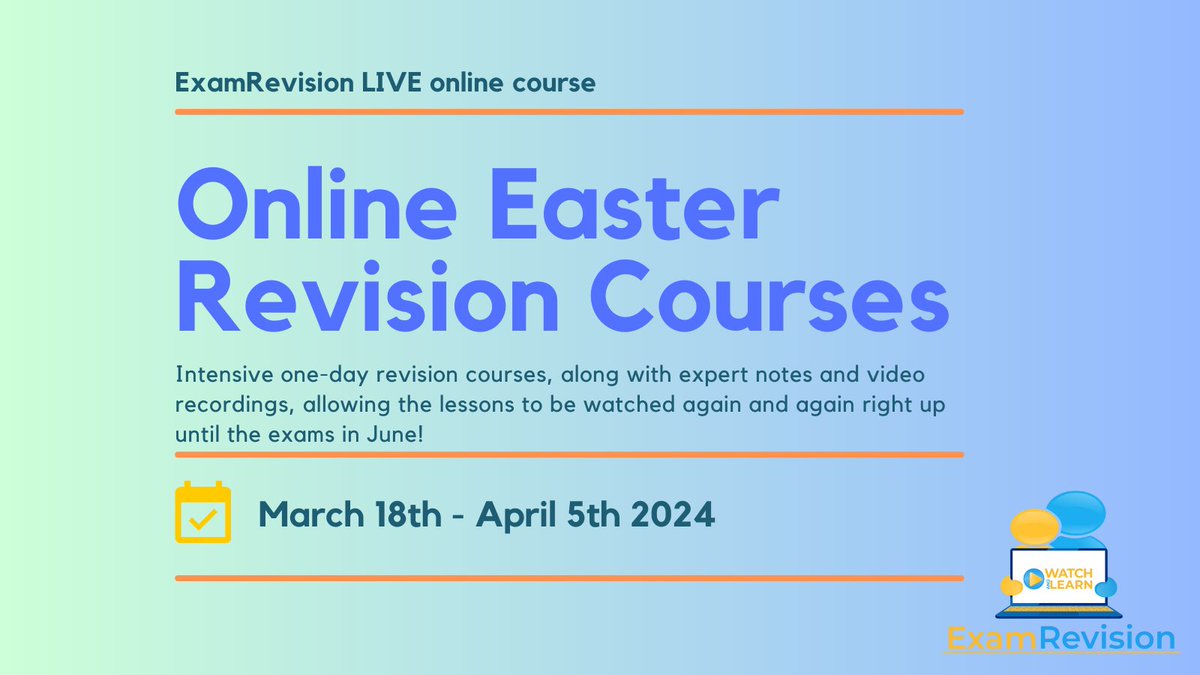 We have online revision courses running from March 18th - April 5th 🧑‍💻

These courses are delivered by expert teachers who are proven to help their students succeed 💯

The courses will be a brilliant way for JC and LC students to prepare for State Exams 📝

A thread 🧵⤵️