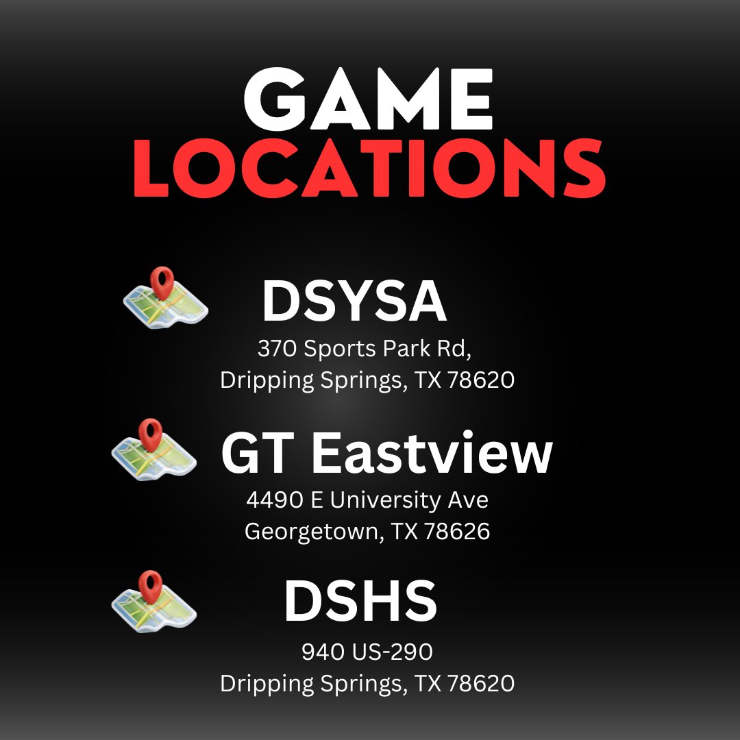 Dripping Springs Tournament - Varsity Only 

🆚   Various Teams
🗓   February 22nd - 24th
🏟   Various locations - addresses in post 
🎟️   Thursday:  tinyurl.com/2p99tacf
         Friday:  tinyurl.com/y4m6pztb
         Saturday:  tinyurl.com/yc73uz4z