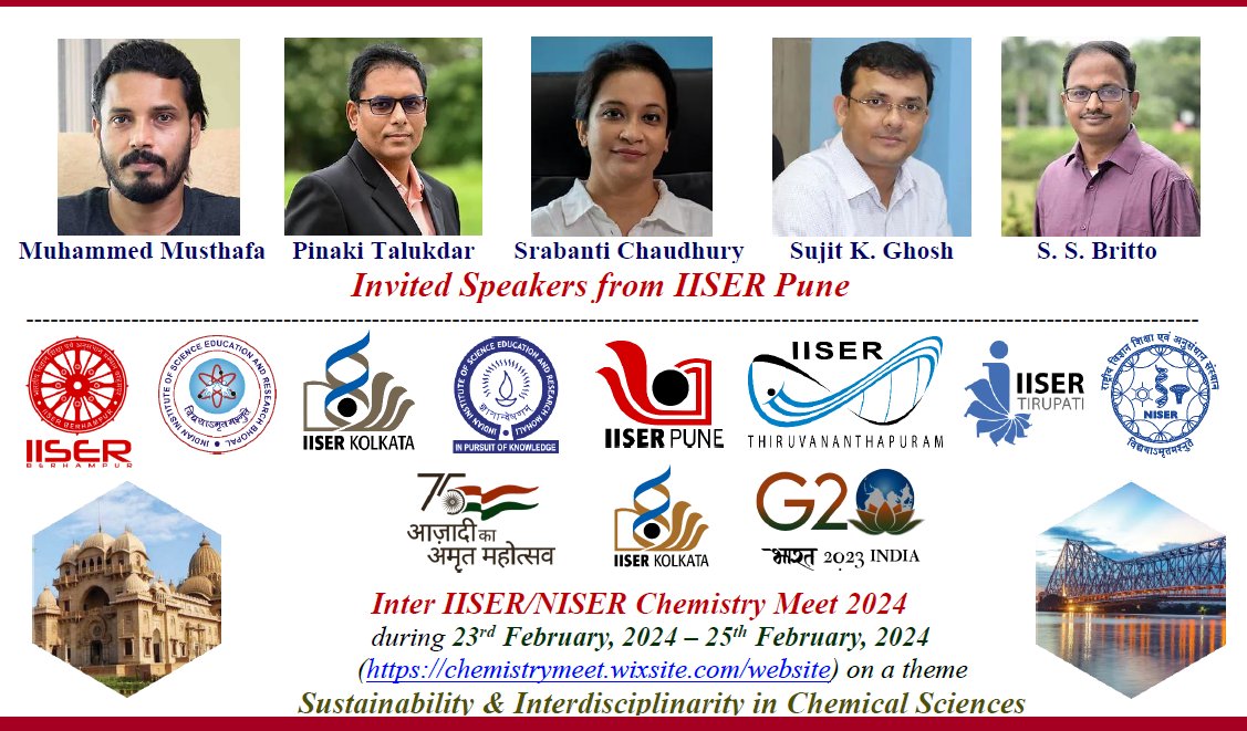 Get ready to be inspired! Renowned researchers from IISER Pune Muhammed Musthafa, Pinaki Talukdar, Srabanti Chaudhury, Sujit K. Ghosh, & S.S. Britto will be presenting invited lectures at IINCM 2024, hosted by IISER Kolkata!. See you there! @IISERPune @dcsiiserkol