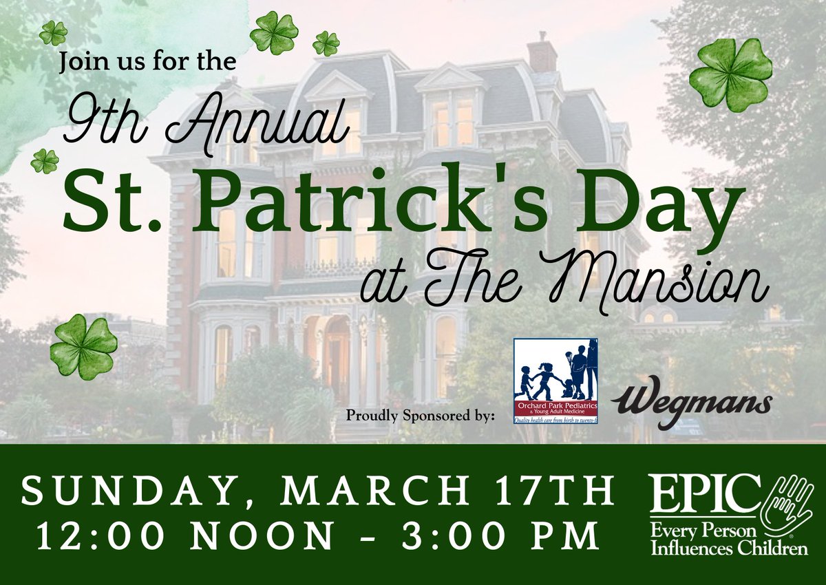It's that time of the year again, EPIC is thrilled to be back at The Mansion on Delaware Avenue for our annual St. Patrick's Day at The Mansion Celebration!

Get your tickets here ->shorturl.at/dfwBW