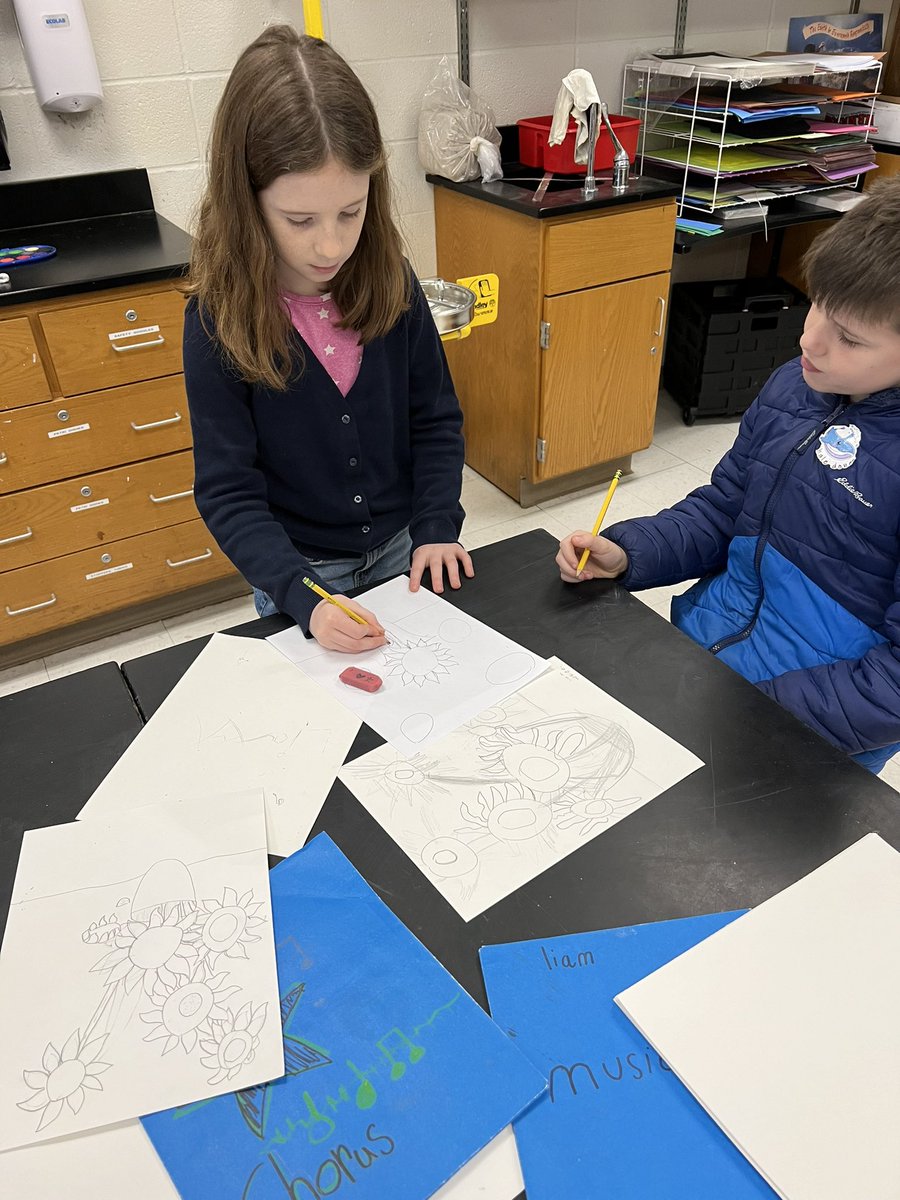 4th-grade Van Gogh Expressionistic Sunflowers 🌻 in progress.  The Gradual Release of Responsibility Instructional Strategy! Students in progress working together to problem solve Overlapping drawings skills.  Windermere Elementary School 🏫