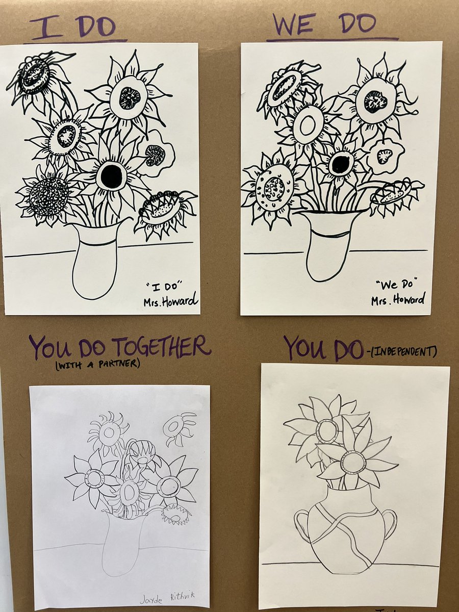 MrsHowardArt's tweet photo. 4th-grade Van Gogh Expressionistic Sunflowers 🌻 in progress.  The Gradual Release of Responsibility Instructional Strategy! Students in progress working together to problem solve Overlapping drawings skills.  Windermere Elementary School 🏫 https://t.co/ww2Qg5IgET