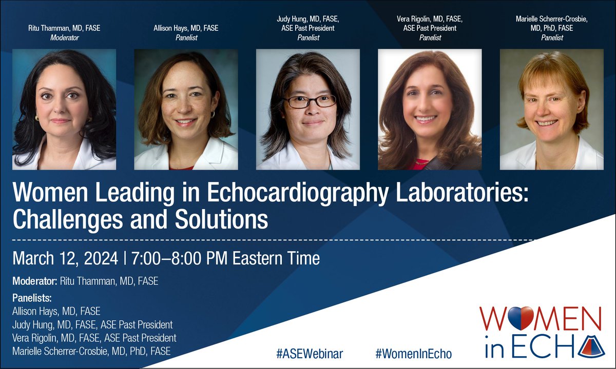 SAVE THE DATE: Join us March 12 at 7-8 PM ET for our live webinar, 'Women Leading in Echocardiography Laboratories: Challenges and Solutions!' #WomenInEcho #WHM

The webinar will include an engaging panel discussion followed by an interactive Q&A session. bit.ly/3uyQdJw