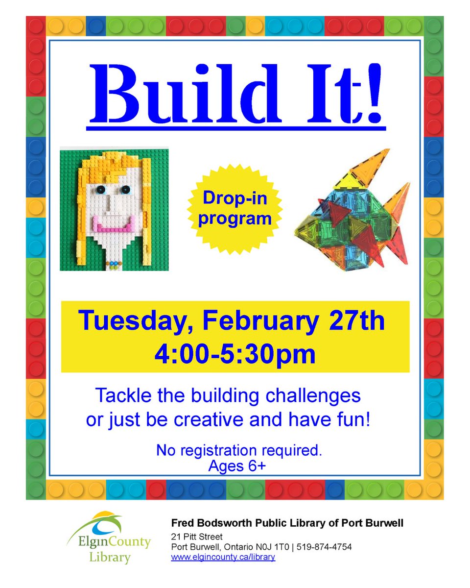 Build It! program for kids at Port Burwell Library!  Drop-in to play with our building sets to encourage creativity and problem-solving skills, while also providing fun and engaging activities for kids to enjoy. Ages 6+. No registration required.

Tuesday, Feb 27 @ 4:00-5:30pm