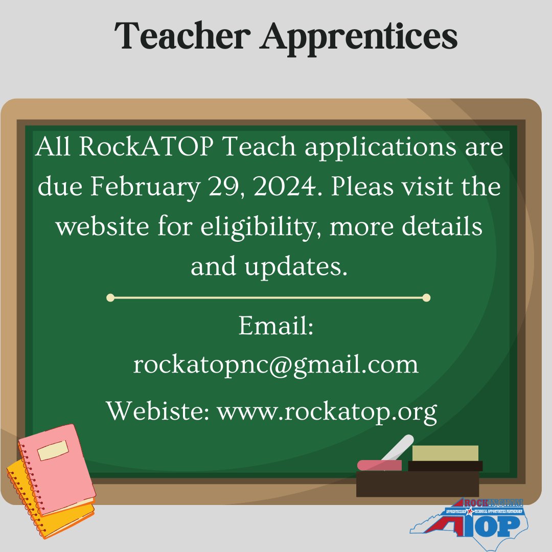 We are still accepting teacher apprentices applications. If you have any questions please reach out by email.

It's RockATOP!
