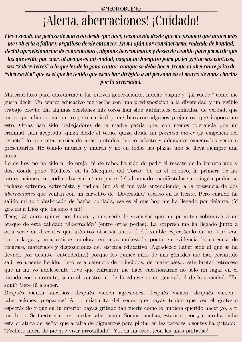 neoitobueno's tweet photo. Hoy he tenido que aguantar cómo me gritaban "aberración" por ser lo que soy.
Así que, alerta, aberraciones. Cuidado. https://t.co/xBmCFy6iRT