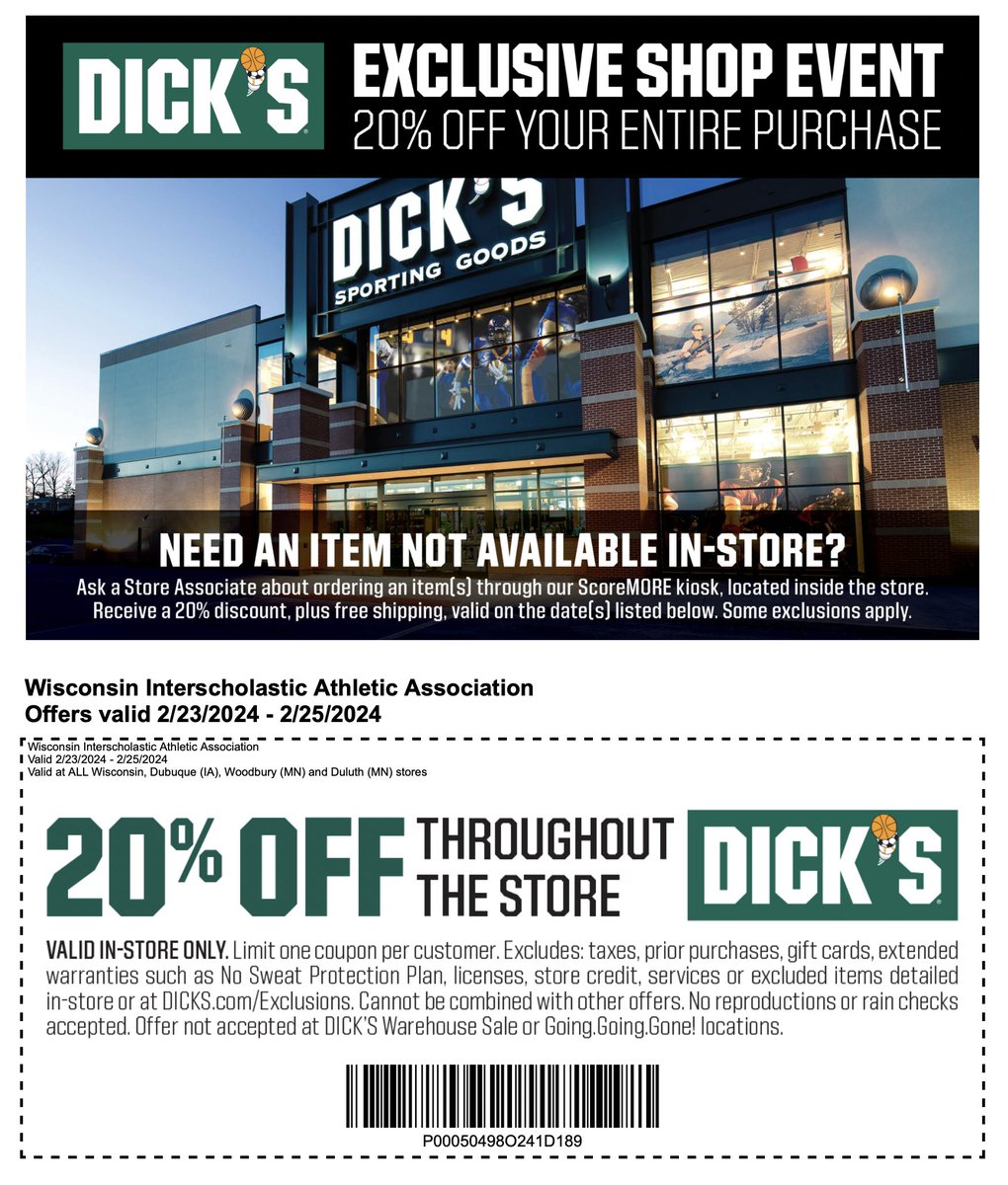 Every season starts at <a href="/DICKS/">DICK'S Sporting Goods</a>! Spring sports are right around the corner &amp; it's time to gear up!

DICK’S is hosting a 20% off shop event for all athletes, schools &amp; WIAA supporters on February 23-25. Coupon is valid at ALL Wisconsin stores, Dubuque, Duluth &amp; Woodbury stores.