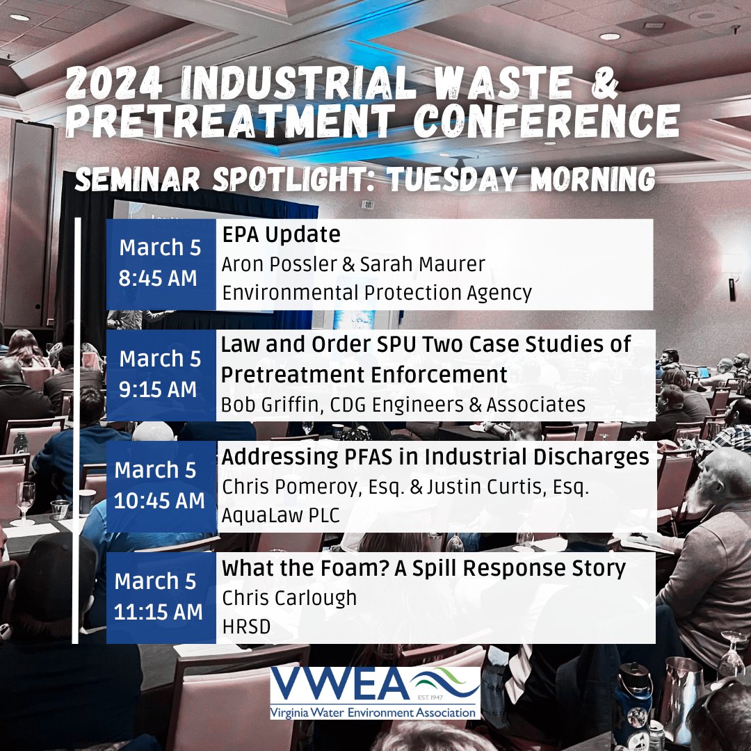 There is still time to register for the 40th Annual #IndustrialWaste &amp; #Pretreatment #Conference on March 4th &amp; 5th at the Hotel Madison in Harrisonburg! 
Register on our website: vwea.org/event/40thIWP
#PFAS #Conference #WaterIndustry #WasteWater #WaterTrends #VirginiaWater