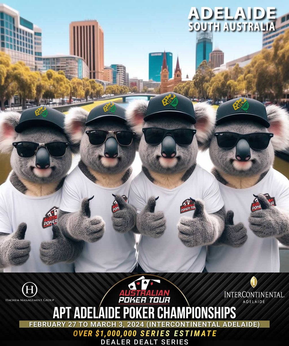 Poker action continues for Adelaide players this week with 𝗔𝘂𝘀𝘁𝗿𝗮𝗹𝗶𝗮𝗻 𝗣𝗼𝗸𝗲𝗿 𝗧𝗼𝘂𝗿 taking their series to the city of churches for the first time!
𝗙𝗲𝗯𝗿𝘂𝗮𝗿𝘆 𝟮𝟳𝘁𝗵 - 𝗠𝗮𝗿𝗰𝗵 𝟯𝗿𝗱 (𝟮𝟬 𝗘𝘃𝗲𝗻𝘁𝘀 , 𝟱 𝗦𝗮𝘁𝗲𝗹𝗹𝗶𝘁𝗲𝘀)