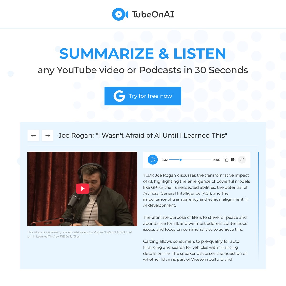 TubeOnAI: Instant AI Audio Summaries of YouTube Videos! Simplify content consumption with TubeOnAI. Get fast video summaries, natural audio playback, curated notifications, and mobile apps. Try for Free! #tubeonai #summarize #listen