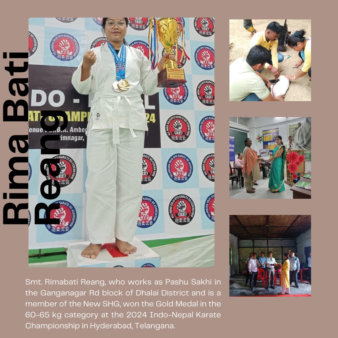 'Breaking Barriers and Winning Gold:
Rimabati Reang, Pashu Sakhi from Ganganagar RD Block, Dhalai District, Triumphs in 60-65 kg Category at 2024 Indo-Nepal Karate Championship, Hyderabad.
#EmpoweredWomen
#KarateChampion📷📷
#DAYNRLM '