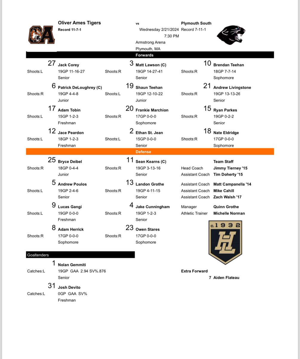 OAHSHockey's tweet photo. Game day! We close out the regular season tonight with a 730pm match up at Plymouth South. Come to Armstrong Arena to support the boys before we start our playoff run. @T_Mulherin @MassNZ @HockomockSports @PraikJournalist @Jason_Snow_ @BrocktonSports @OAHSTigersports https://t.co/28NuJrICQI