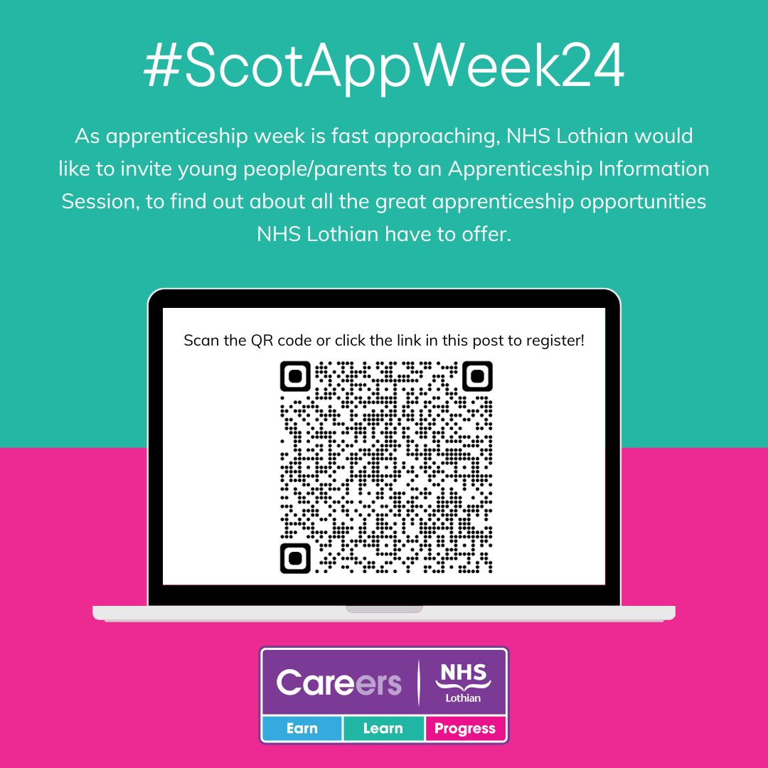 For #ScotAppWeek24 we are hosting a short and sharp Apprenticeship information session.  Join us on 5 or 7 March to learn more about the variety of apprenticeships available across <a href="/NHS_Lothian/">NHS Lothian</a>. Scan the QR code or click the link to register: forms.office.com/Pages/Response…