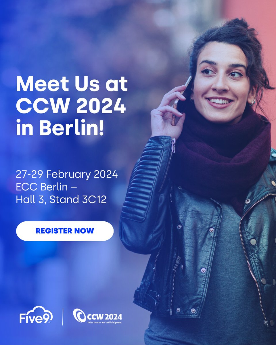 Meet us at #CCW2024 in Berlin! Join the #Five9 Team in hall 3, stand 3C12, and discover how to leverage the Five9 Intelligent #CX Platform to help you deliver a better customer experience. Register now: spr.ly/6019RYyyL. <a href="/ccw_berlin/">CCW Berlin</a>