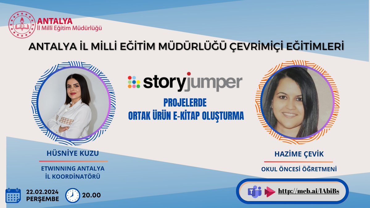 eTwinningAnt07's tweet photo. 📢Antalya İl Milli Eğitim Müdürlüğü Ar-Ge Birimi Koordinatörlüğünde yürütülen Çevrimiçi Eğitimler kapsamında; Story Jumper (e-kitap oluşturma)web 2.0 aracının tanıtım toplantısı gerçekleştirilecektir.  
🗓️22 Şubat
⏰20.00
🔗https://t.co/i6FdRhmvSX
@tcmeb @Yusuf__Tekin @skaygusuz https://t.co/G1uilgkOvH