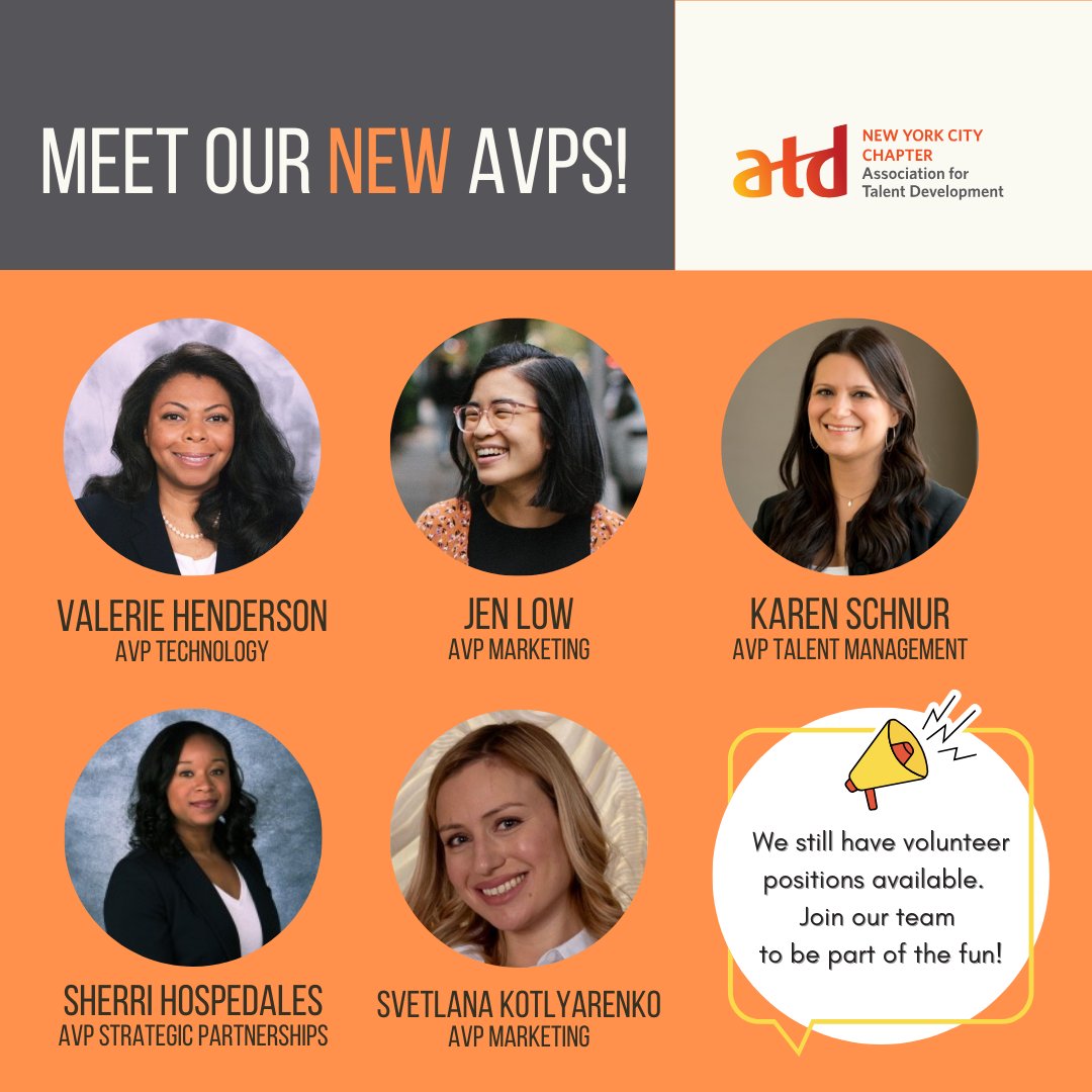 Welcome to our new AVPs who joined us in Jan 2024:

Jen Low (AVP Marketing)
Svetlana Kotlyarenko (AVP Marketing)
Karen Schnur (AVP Talent Management)
Valerie Henderson (AVP Technology)
Sherri Hospedales (AVP Strategic Partnerships)

Info on volunteering: atdnyc.org/volunteer
