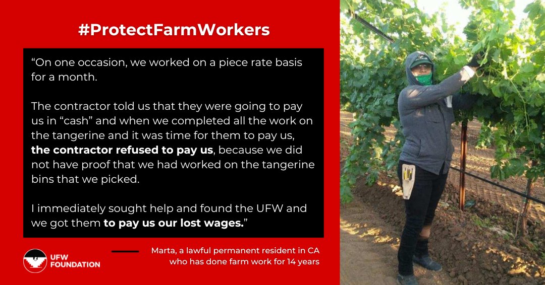 ufwfoundation's tweet photo. Marta has been a CA farm worker for 14 yrs. Now she’s speaking out about her experience w/ wage theft. The DOL should #ProtectFarmWorkers by finalizing the H-2A regulation, to ensure workers have access to unions & key services providers, & address abuse against farm workers. https://t.co/5ST4JKjPJW