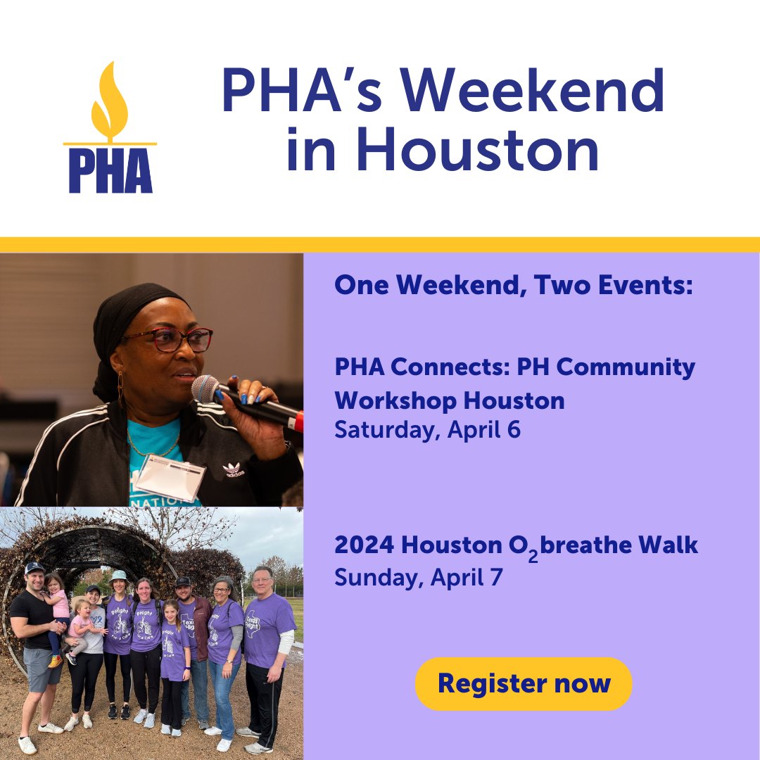 PHAssociation's tweet photo. Join #PHA for a weekend of empowerment and support in Houston this April. Enjoy a free day of education at our community workshop on Saturday, April 6. Continue the fun Sunday, April 7, at the 2024 Houston #O2breathe Walk. Learn more and register now. https://t.co/PfBwoiDTQM https://t.co/KiMtgRh1if